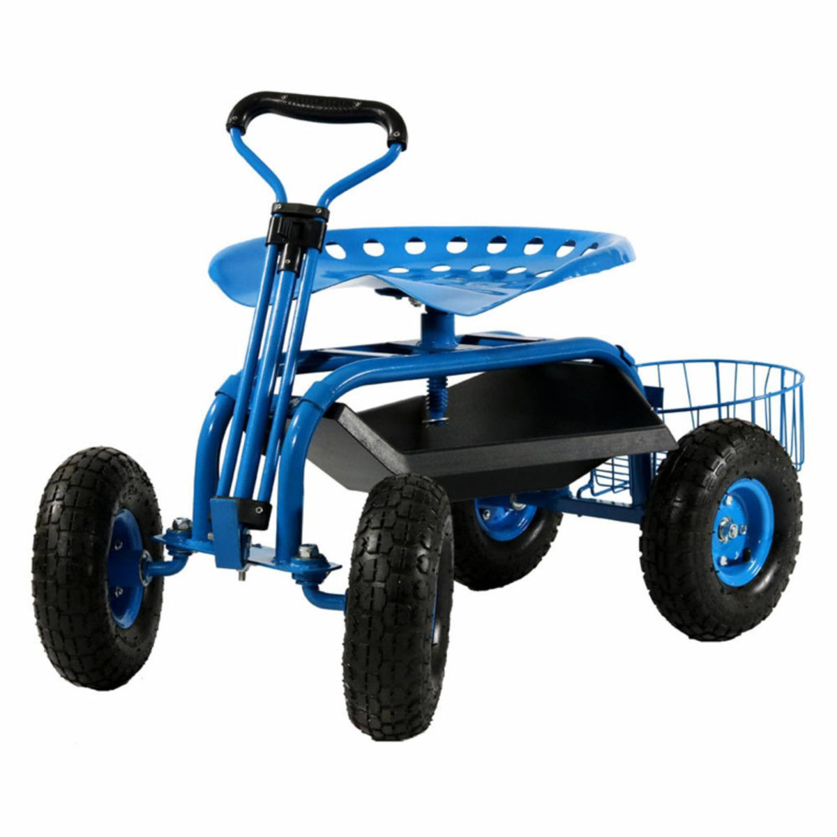 Blue Rolling Garden Cart with Extendable Steering Handle, Swivel Seat T359193