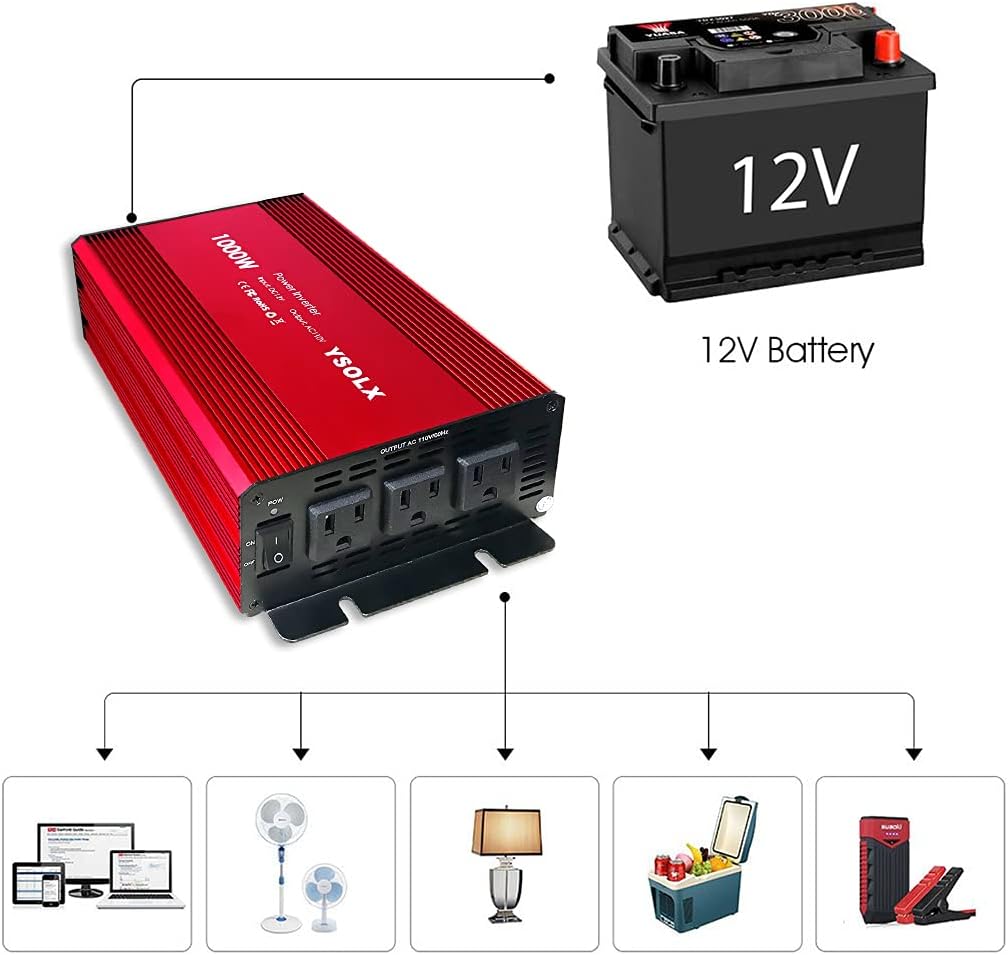 1000 Watt 12V to 110V Power Inverter with 3 AC Outlets B12953