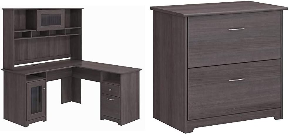 L Shaped Desk with Hutch in Espresso Oak T981002