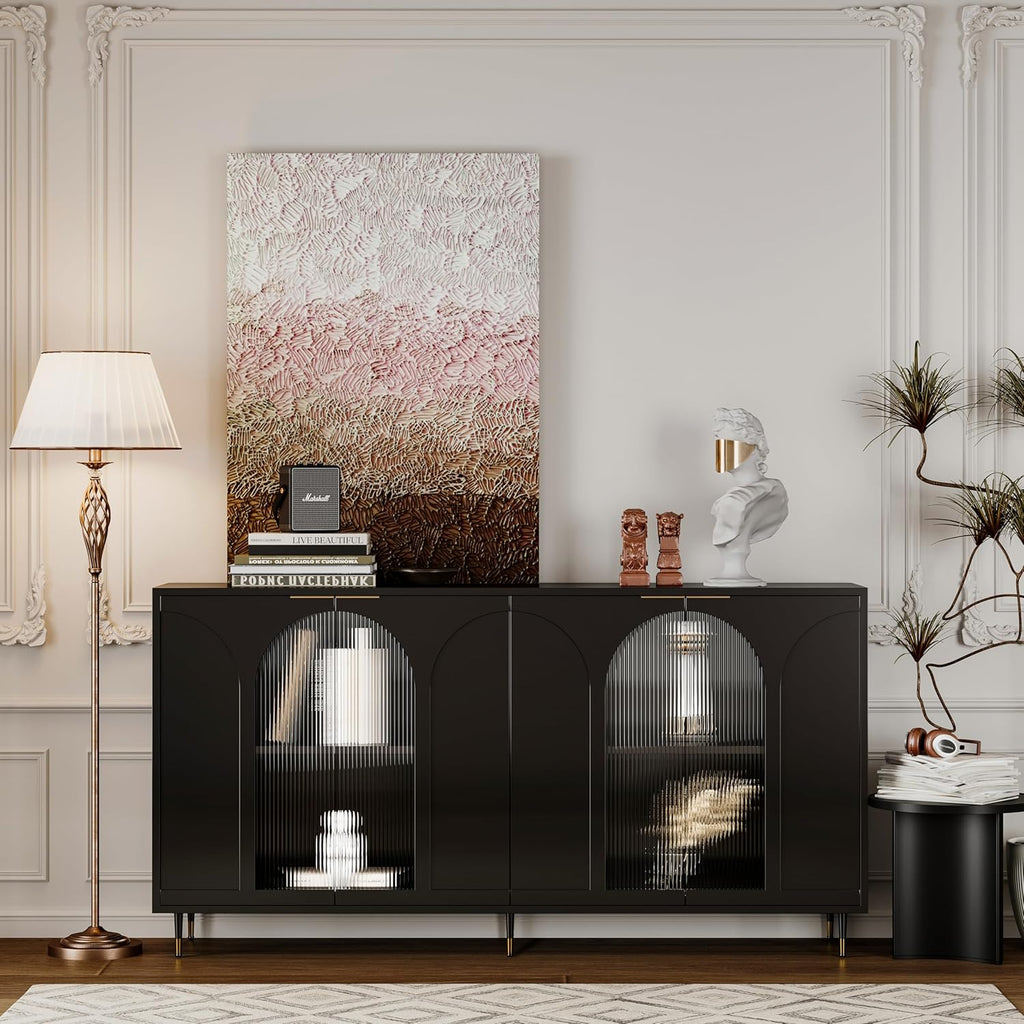 Black Lacquered Wood Buffet Cabinet with 4 Fluted Glass Doors and Metal Legs I621032