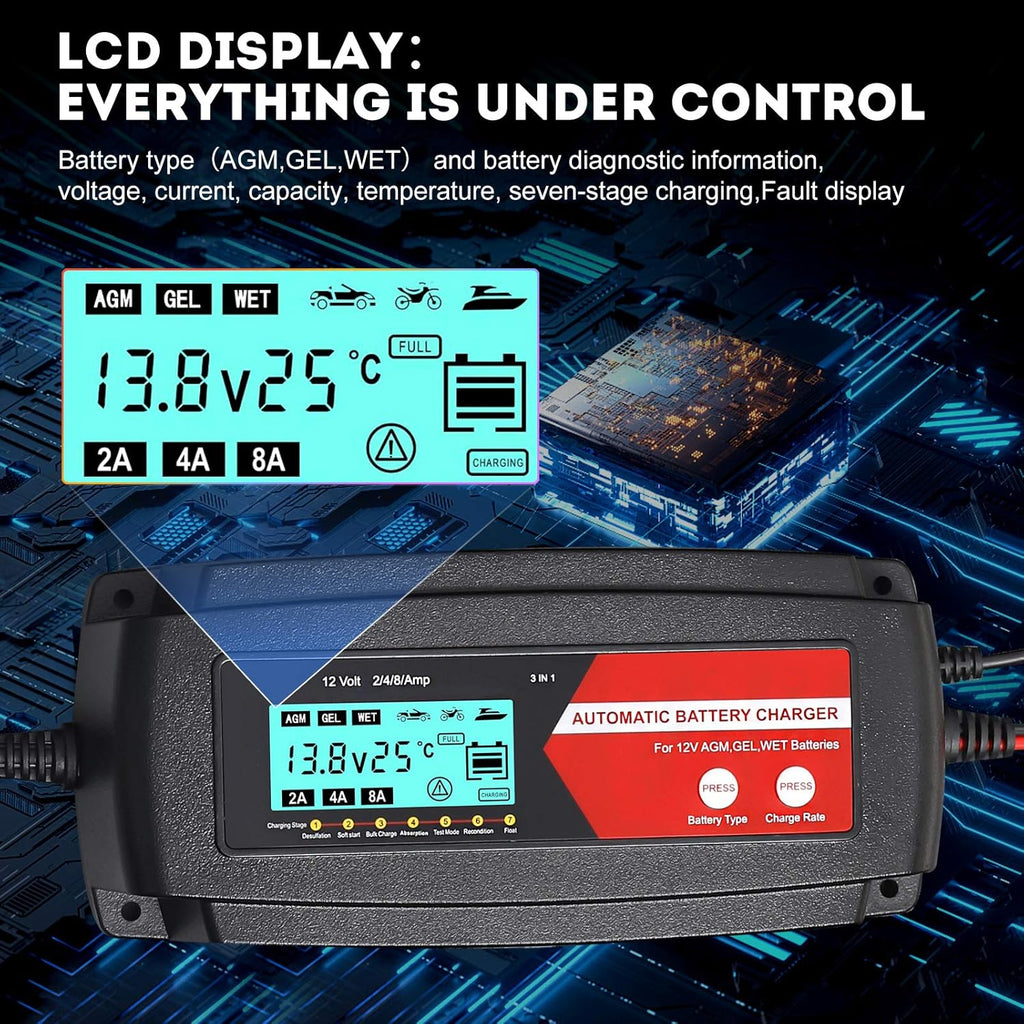 Fully Automatic 3 in 1 Car Battery Charger 12V 2/4/8 Amp with LCD Display K910