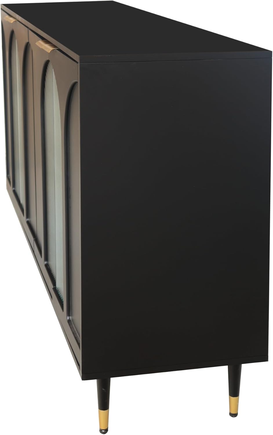 Black Lacquered Wood Buffet Cabinet with 4 Fluted Glass Doors and Metal Legs I621032