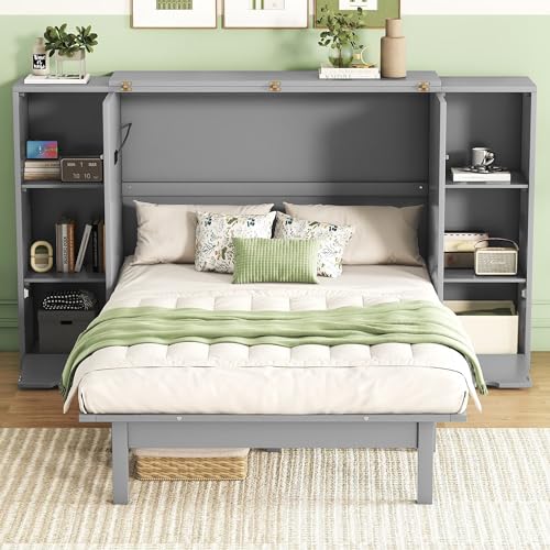 Queen Size Murphy Bed with Storage 2 Drawers and Shelves M93262