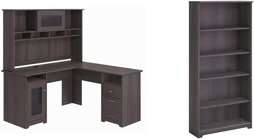 L Shaped Desk with Hutch in Espresso Oak T981002