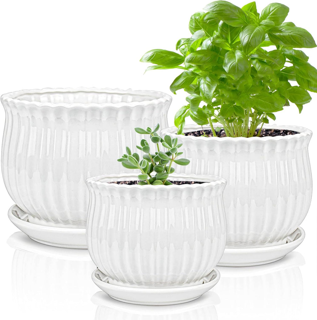 Ceramic Flower Plant Pots with Saucer, Set of 3 in Different Sizes A501319
