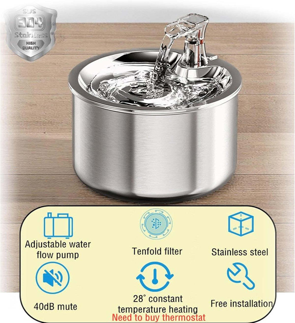 2L/67OZ 304 Stainless Steel Automatic Water Fountain H498