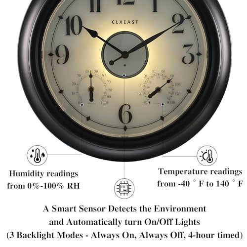 Illuminated Outdoor Clocks Waterproof 18 inch with Smart Sensor, Large Outdoor Clock with Thermometer & Hygrometer, Oil Rubbed Bronze Black Z769407