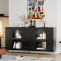 Black Lacquered Wood Buffet Cabinet with 4 Fluted Glass Doors and Metal Legs I621032