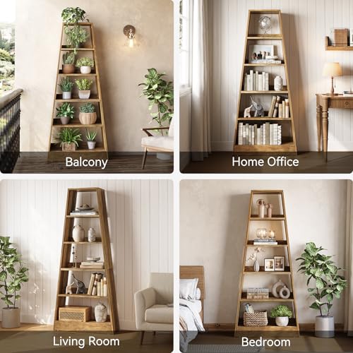 6-Tier Tall Wooden Ladder Bookcase in Warm Umber I338