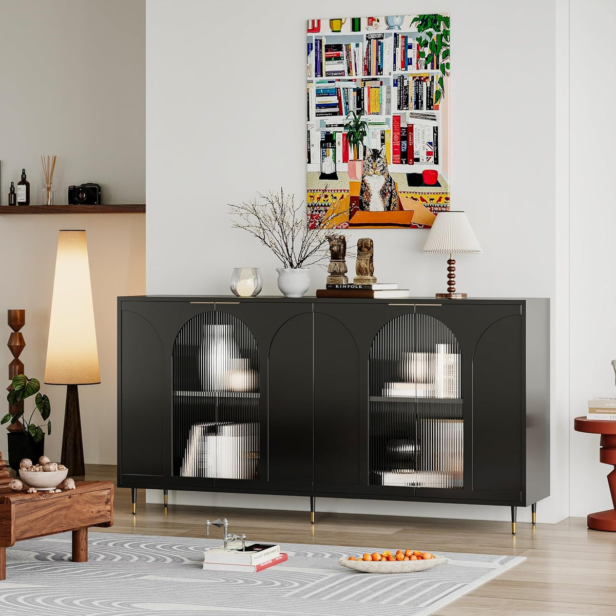 Black Lacquered Wood Buffet Cabinet with 4 Fluted Glass Doors and Metal Legs I621032