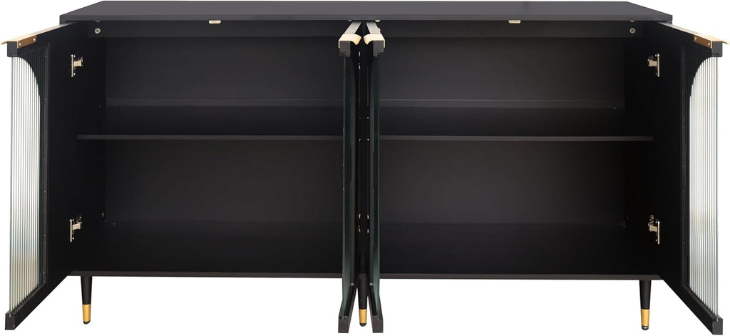 Black Lacquered Wood Buffet Cabinet with 4 Fluted Glass Doors and Metal Legs I621032