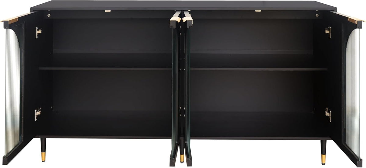 Black Lacquered Wood Buffet Cabinet with 4 Fluted Glass Doors and Metal Legs I621032