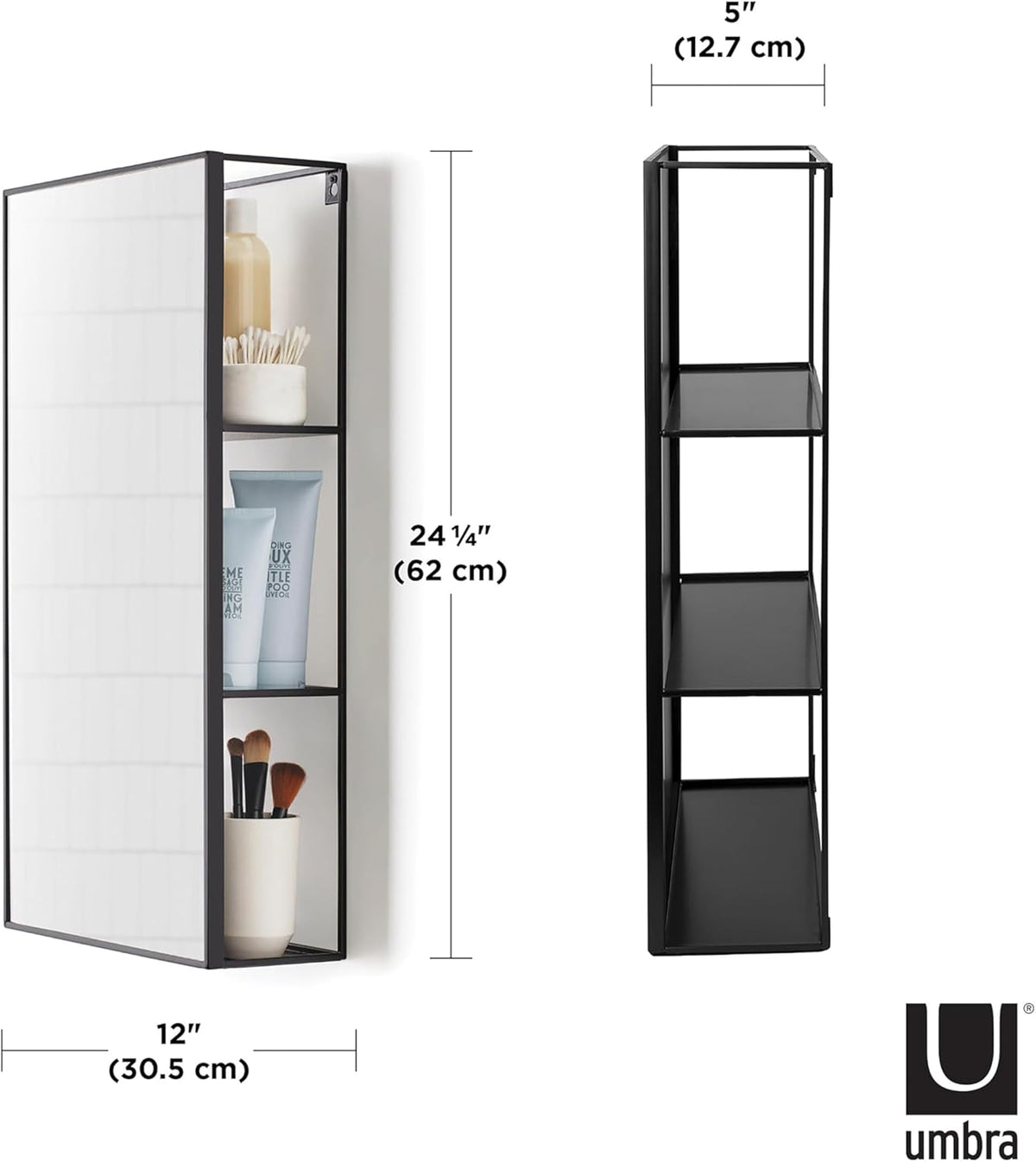 Black Metal Bathroom Mirror Storage Cabinet with 3 Shelves N365