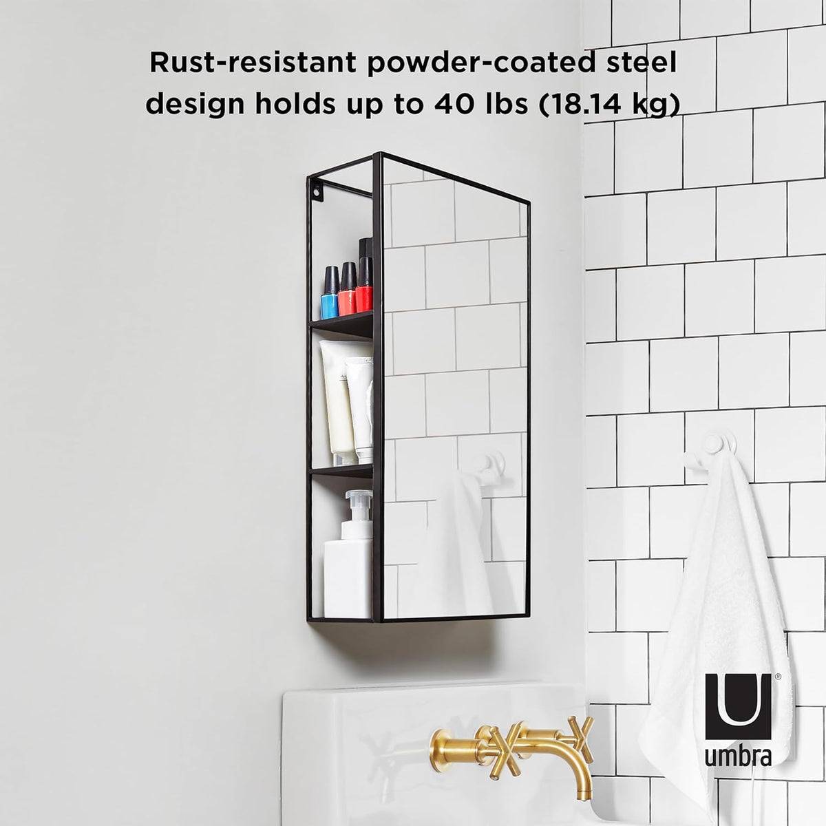 Black Metal Bathroom Mirror Storage Cabinet with 3 Shelves N365