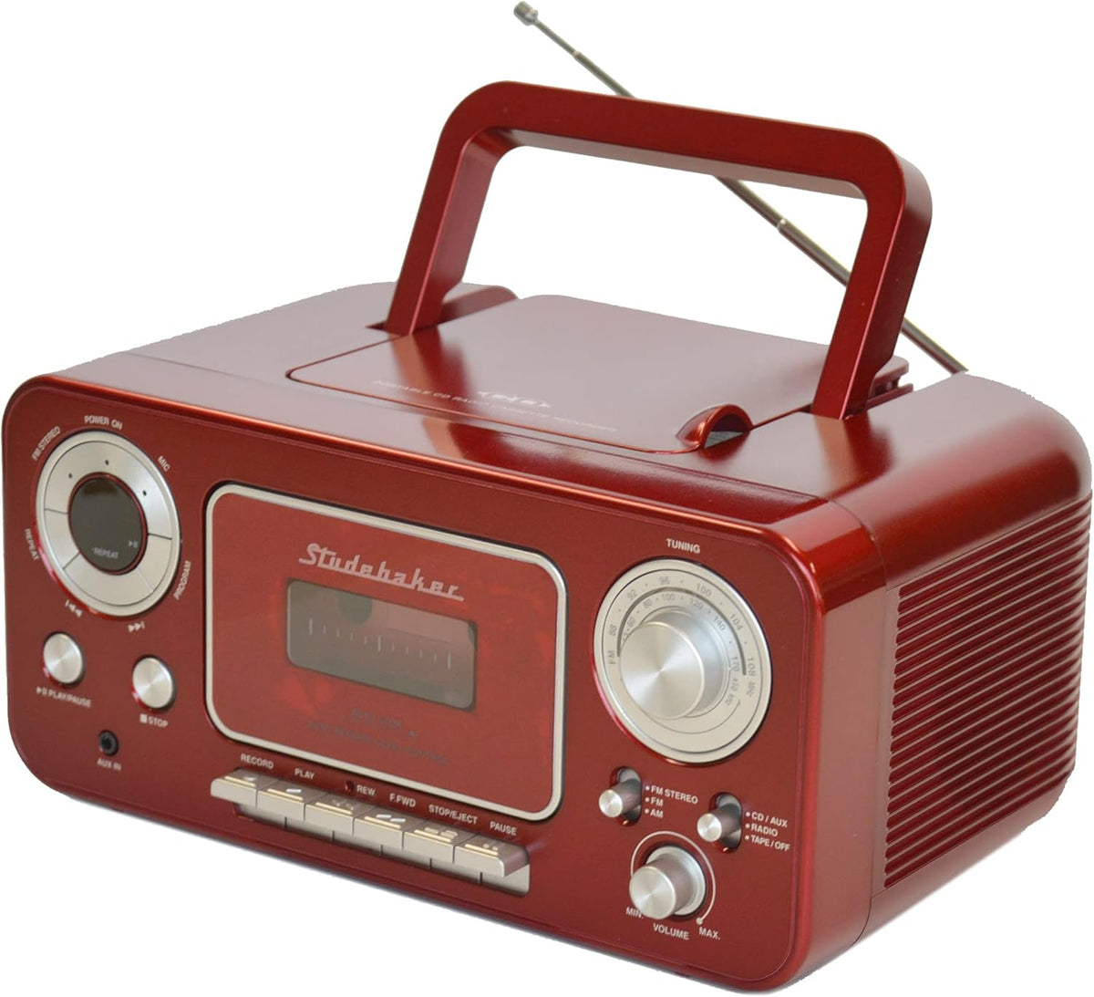 Portable Stereo CD Player with AM/FM Radio and Cassette Player in Red and Silver J829