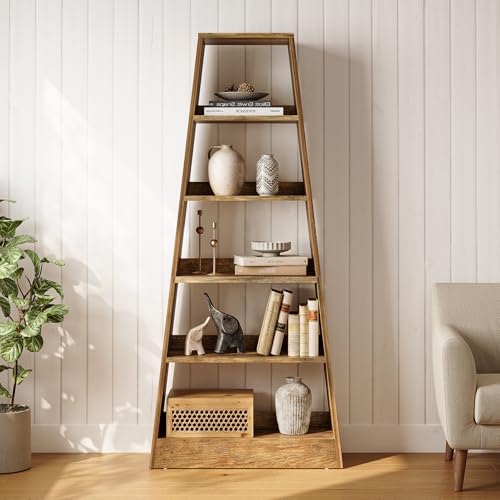 6-Tier Tall Wooden Ladder Bookcase in Warm Umber I338