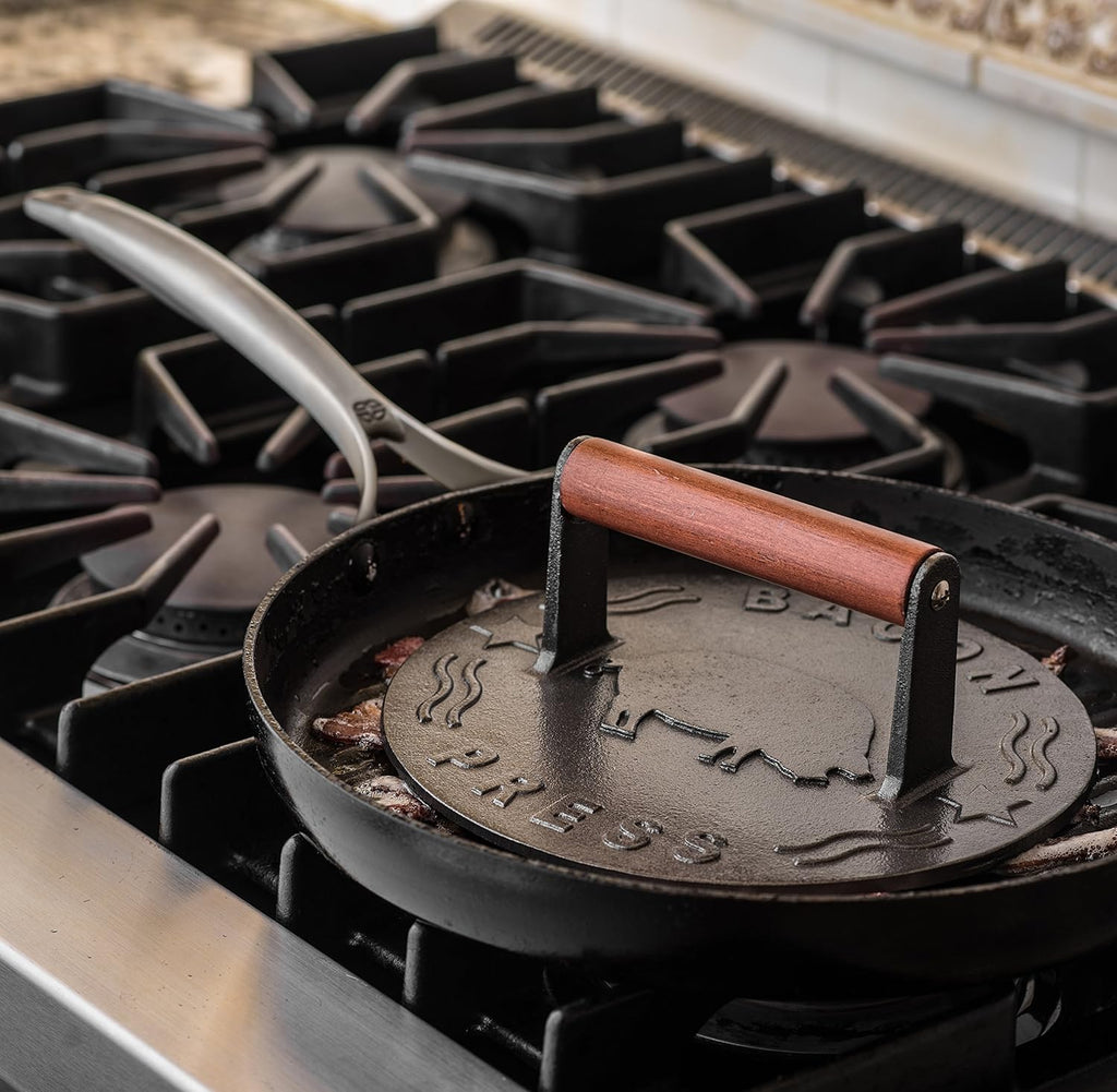 8.5-Inch Round Cast Iron Grill Press with Wood Handle H806536