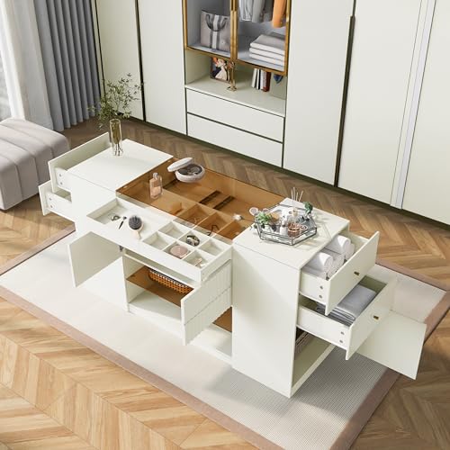 White Glass Top 6 Drawer Wooden Closet Storage Cabinet T10783
