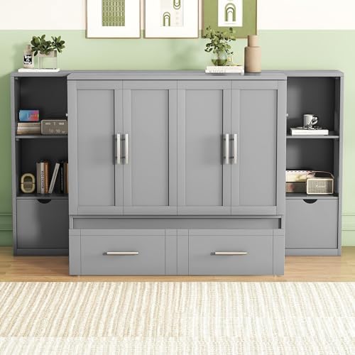 Queen Size Murphy Bed with Storage 2 Drawers and Shelves M93262