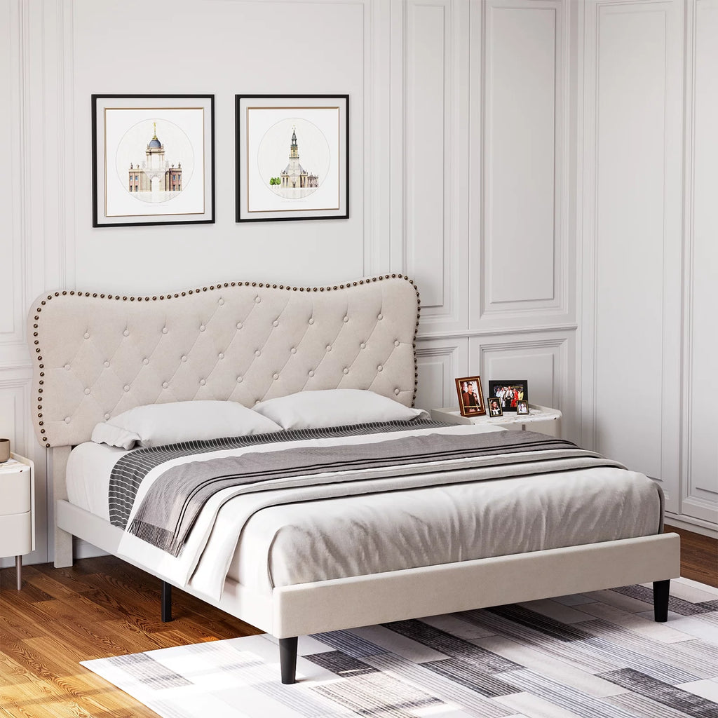 Queen Size Black Linen Upholstered Platform Bed with Tufted Headboard Y2457