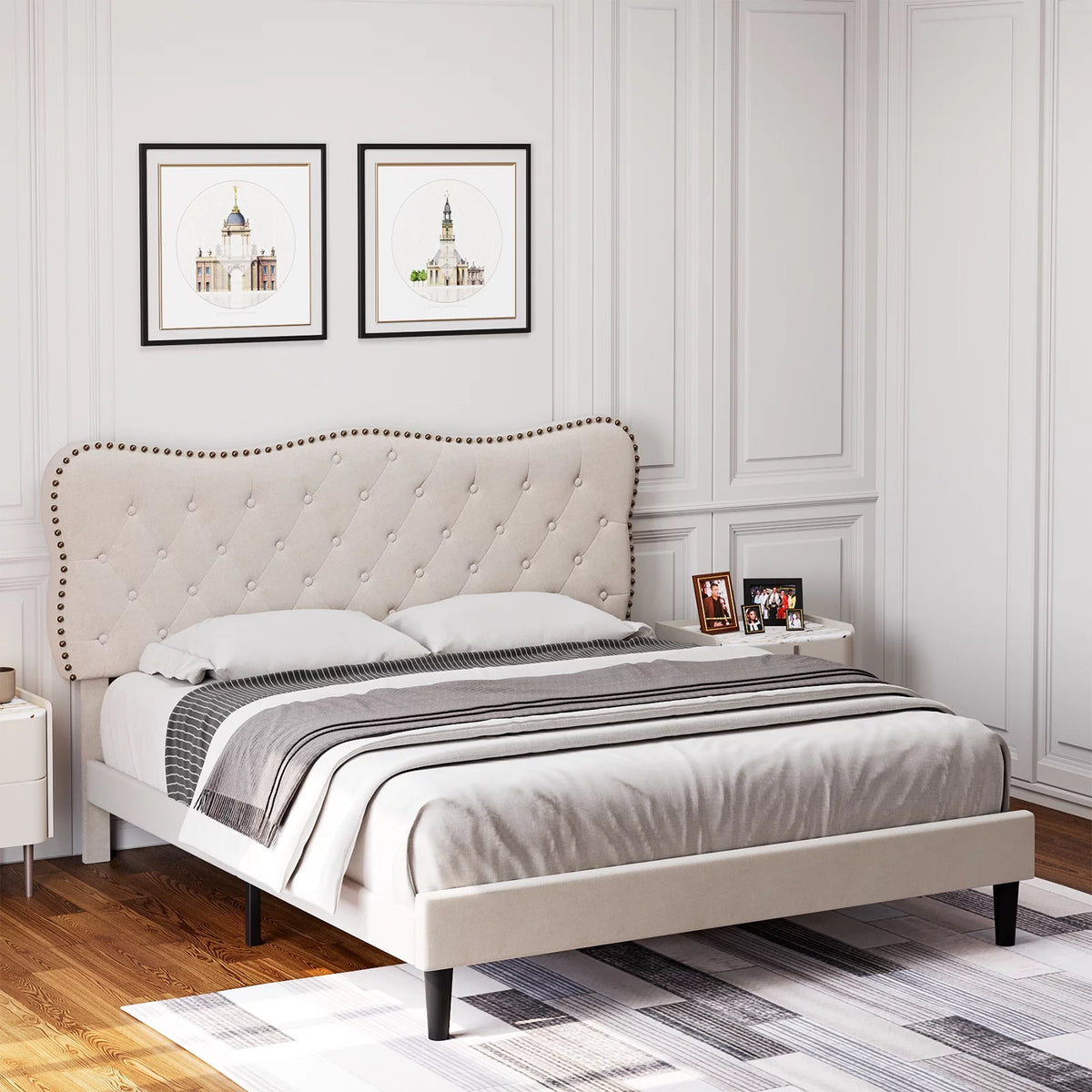 Queen Size Black Linen Upholstered Platform Bed with Tufted Headboard Y2457