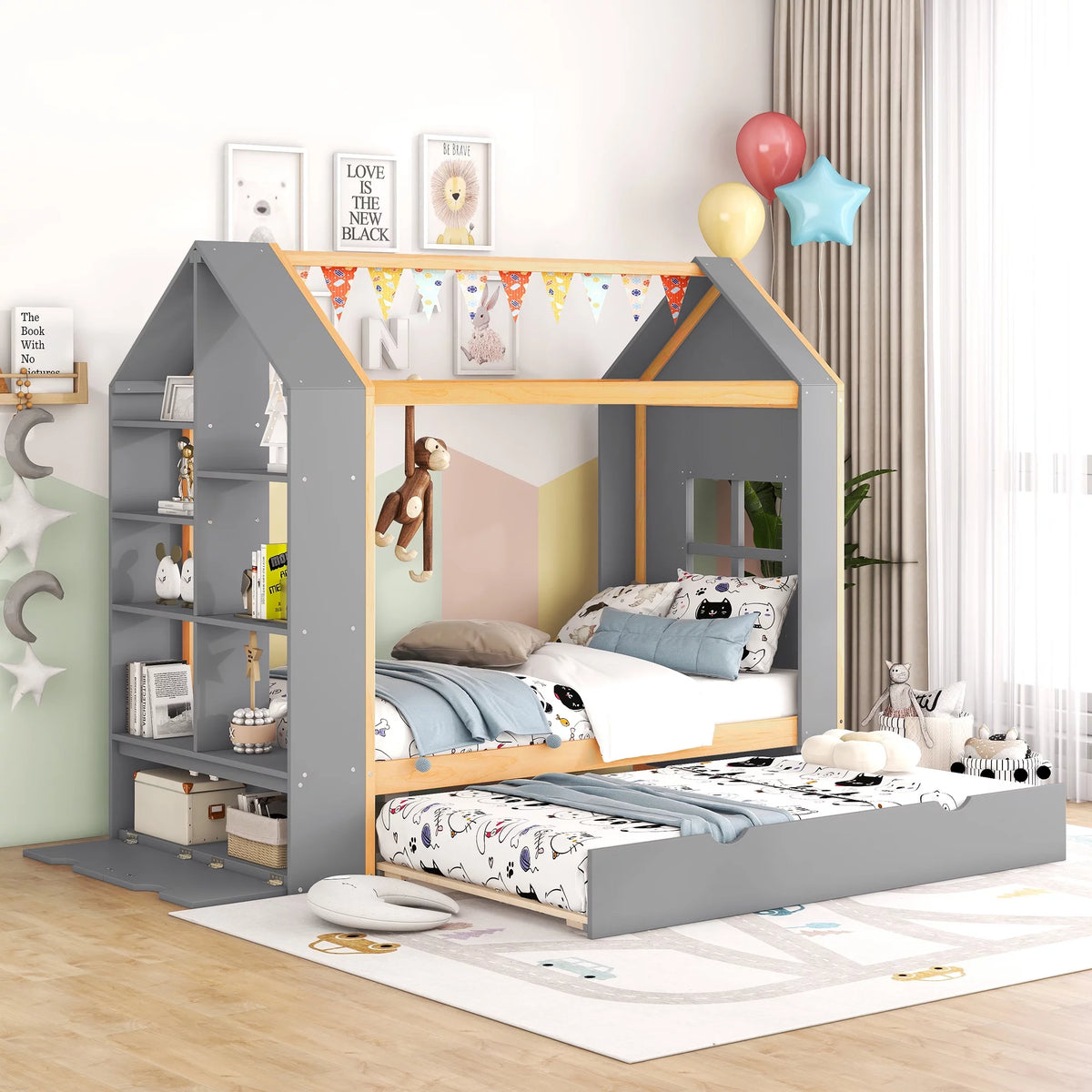 Wood Twin Size House Bed with Trundle G10335