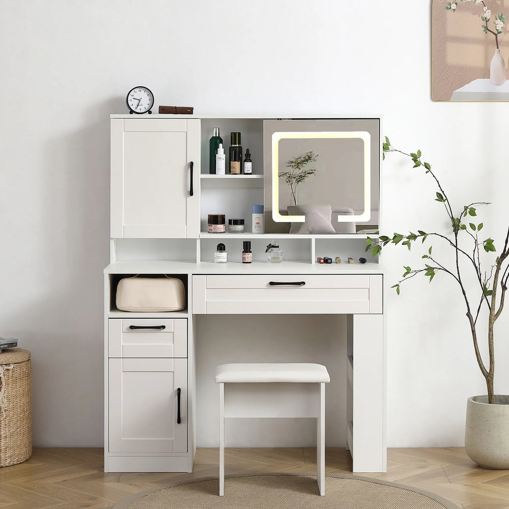 White Vanity Table with Lighted Mirror and Stool H96044