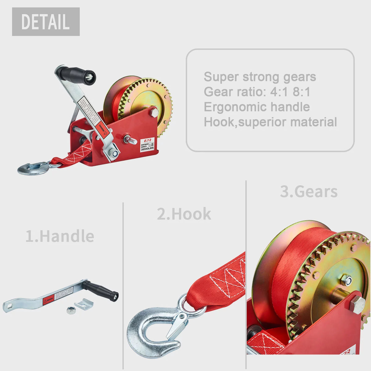 3200lbs Hand Winch with 10m Strap K2736