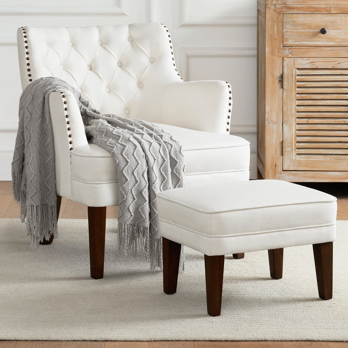 Beige Accent Chair with Ottoman Set Y478