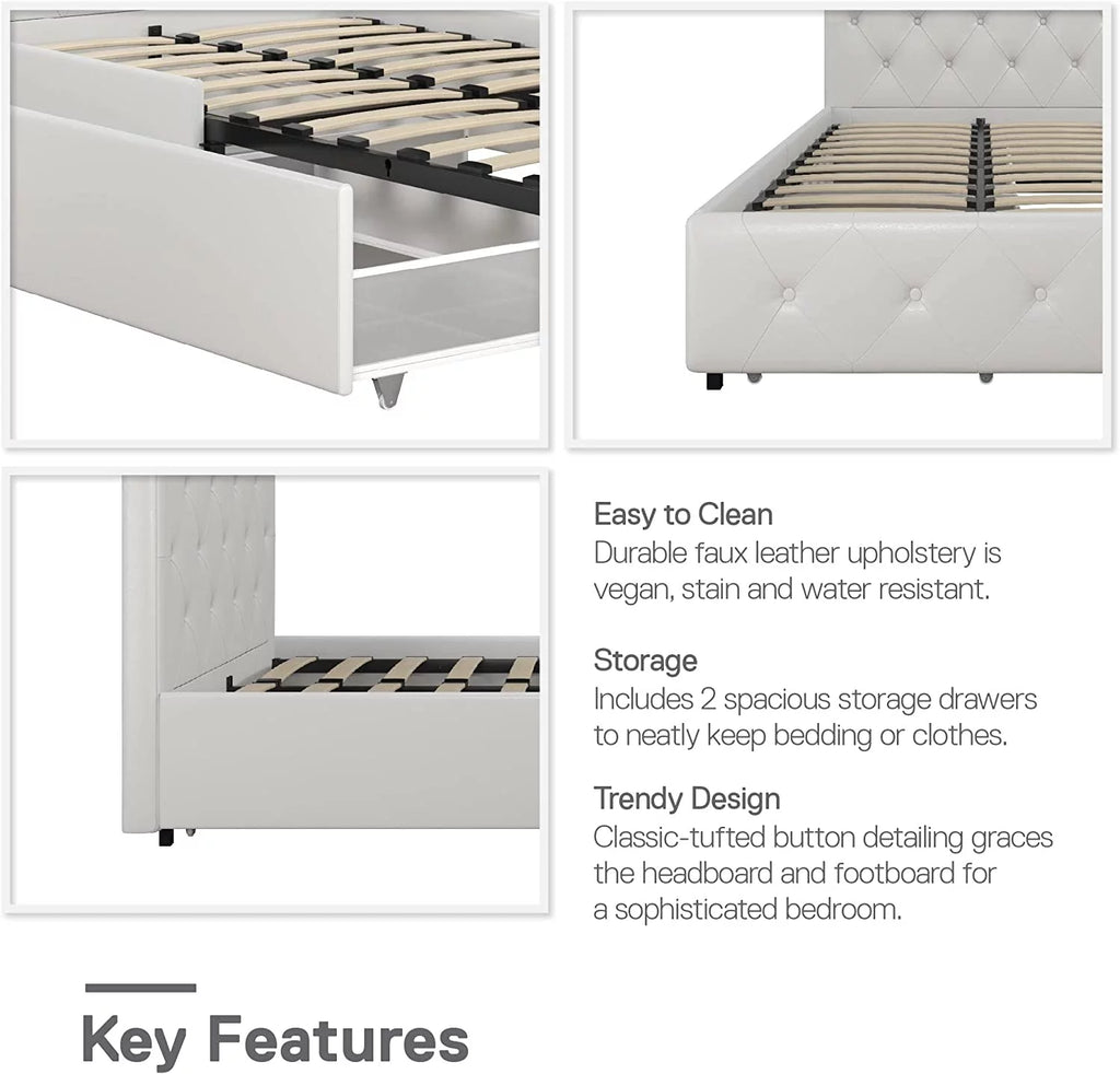 White Faux Leather Upholstered Platform Bed with Storage Drawers, Twin B8030