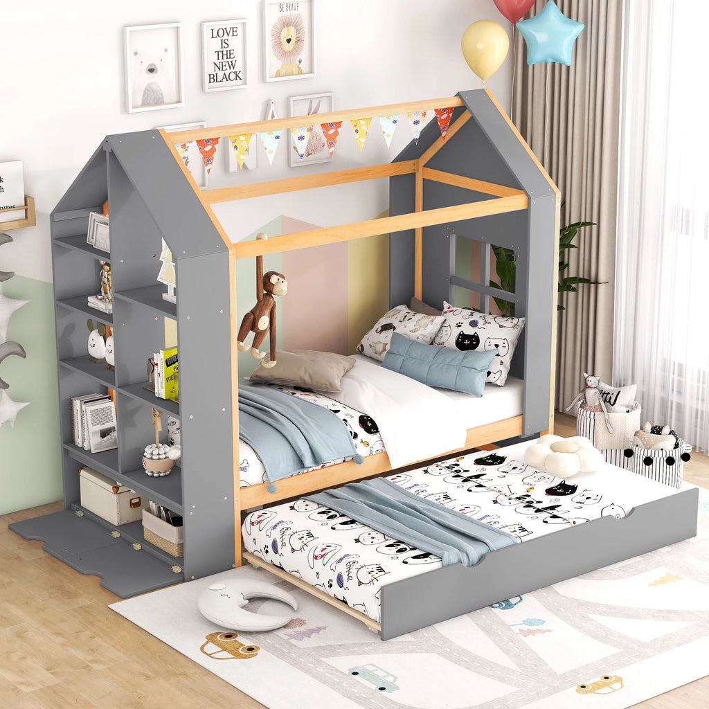 Wood Twin Size House Bed with Trundle G10335
