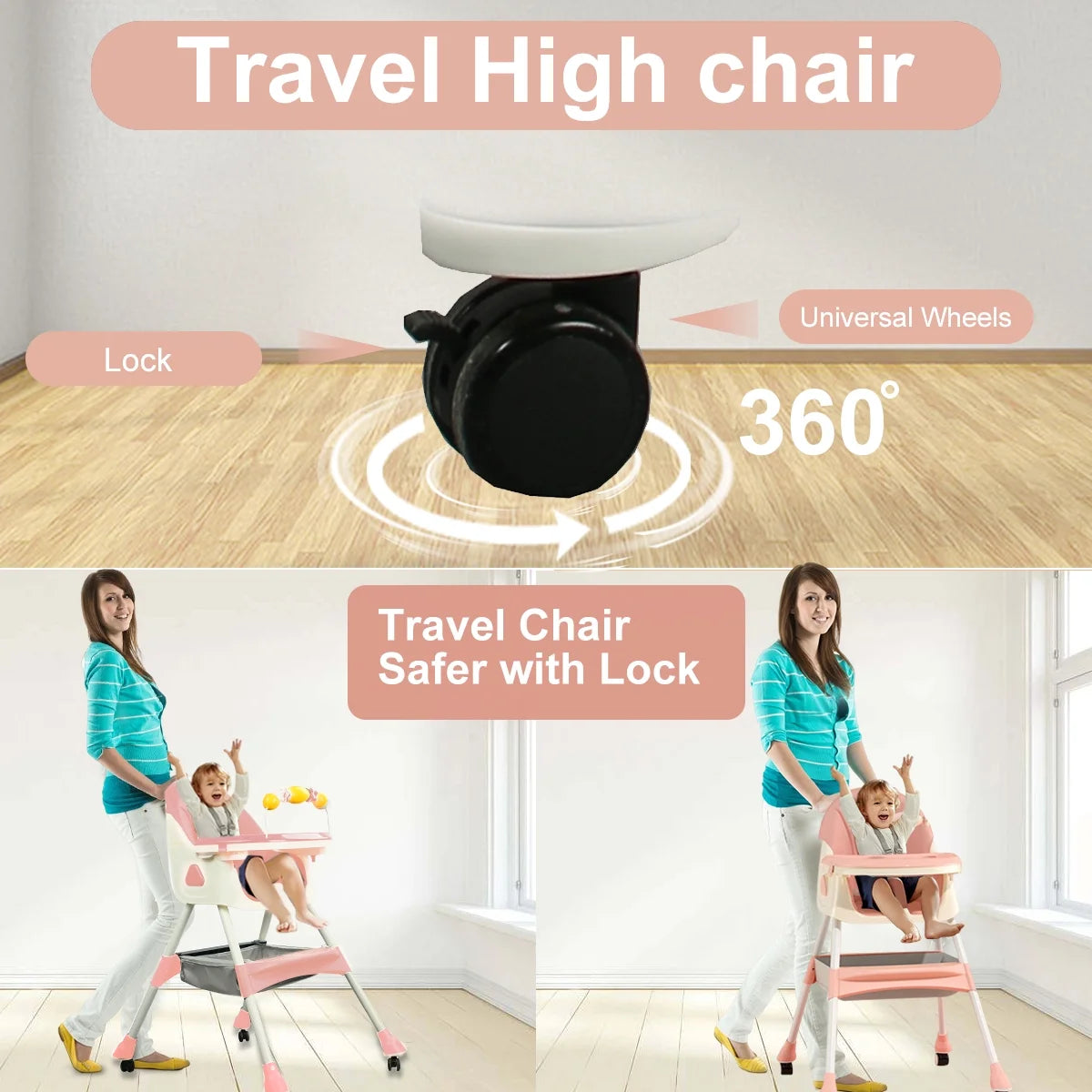 Pink 4-in-1 Baby Highchair with Five-Point Snap Button S8289