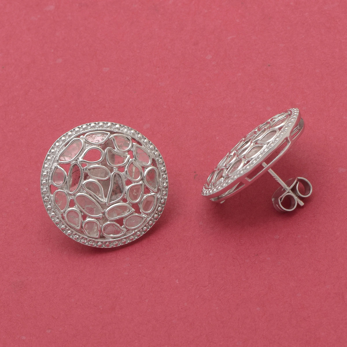 1.85 CTW Natural Diamond Polki Round Stud Earrings 925 Sterling Silver Platinum Plated S655922