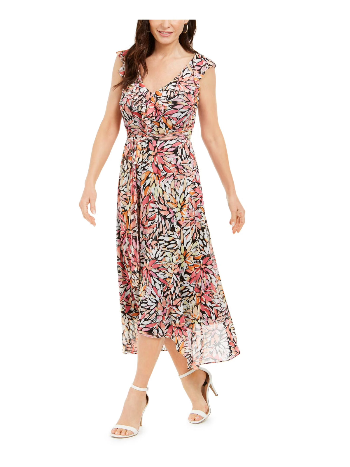 Black Ruffled Floral Cap Sleeve V Neck Tea-Length Shift Dress Petites 8P G614