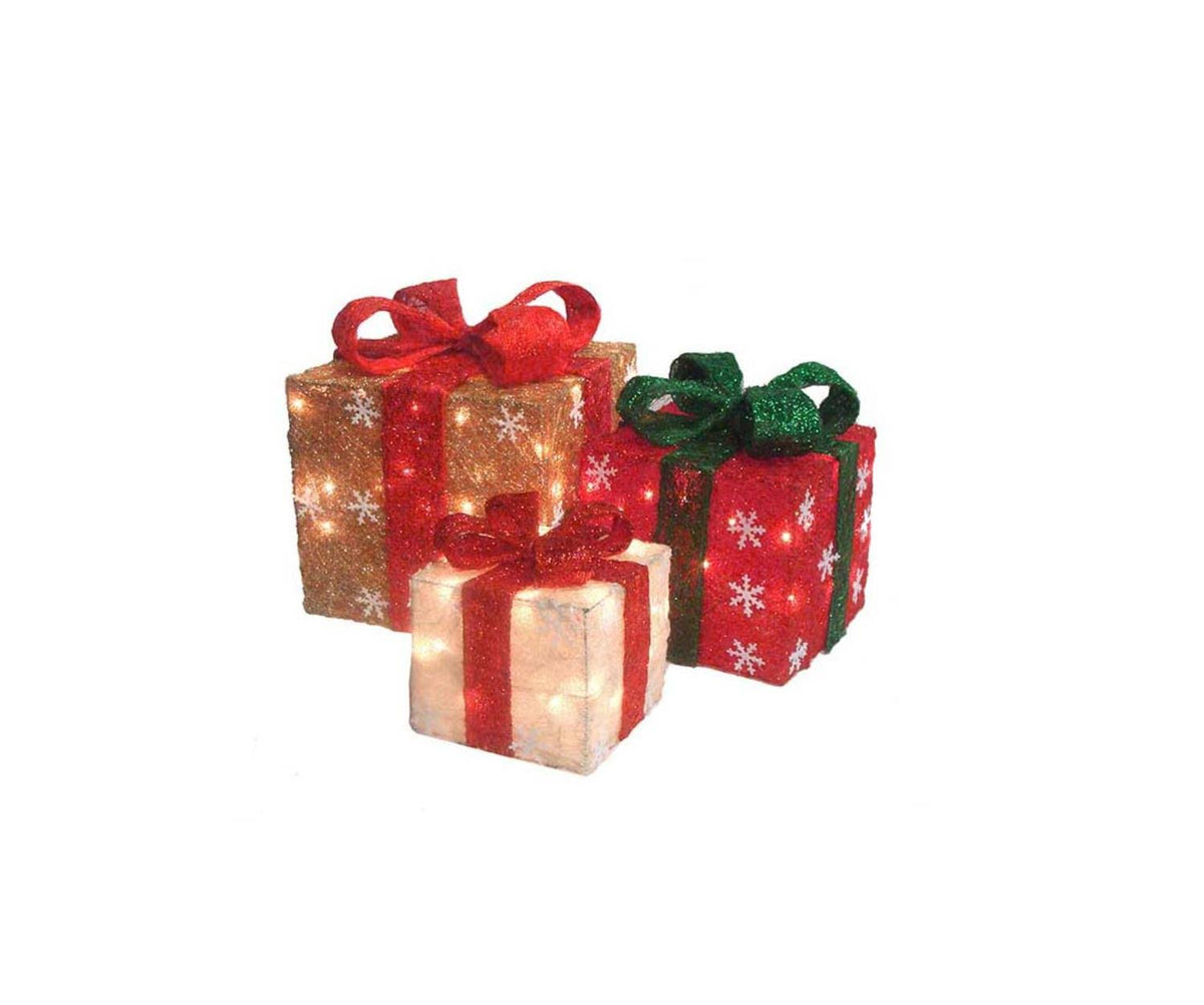 Set of 3 Lighted Gold Green and Cream Gift Boxes Christmas Yard Art Decorations V946459
