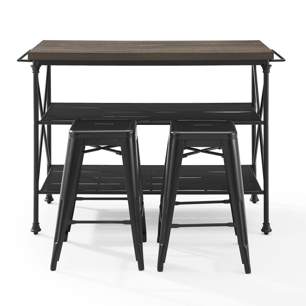 3 Piece Kitchen Island 2 Stools Set Brown Black A3981
