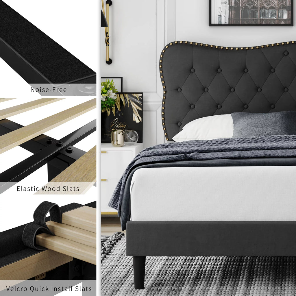 Queen Size Black Linen Upholstered Platform Bed with Tufted Headboard Y2457