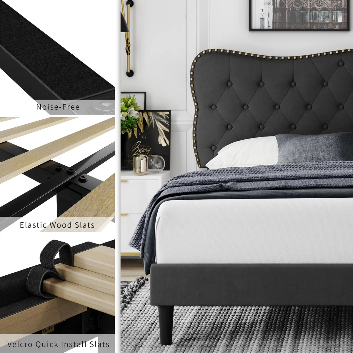 Queen Size Black Linen Upholstered Platform Bed with Tufted Headboard Y2457
