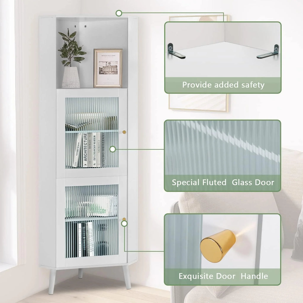 White Corner Cabinet with Glass Doors Y312253