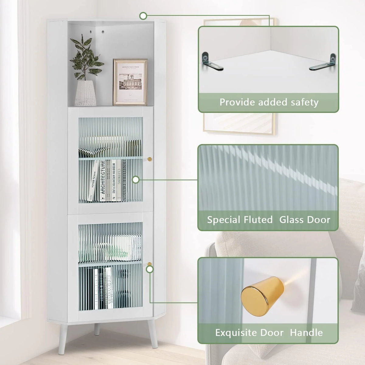 White Corner Cabinet with Glass Doors Y312253