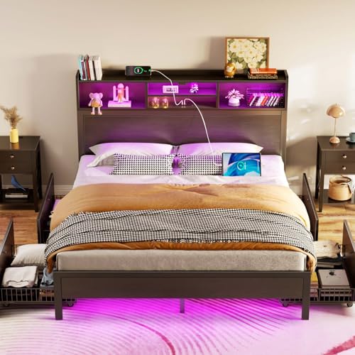 Queen Bed Frame with Storage, 4 Drawer, USB Charging Station, LED Lights, Bookcase Headboard, Black I628466