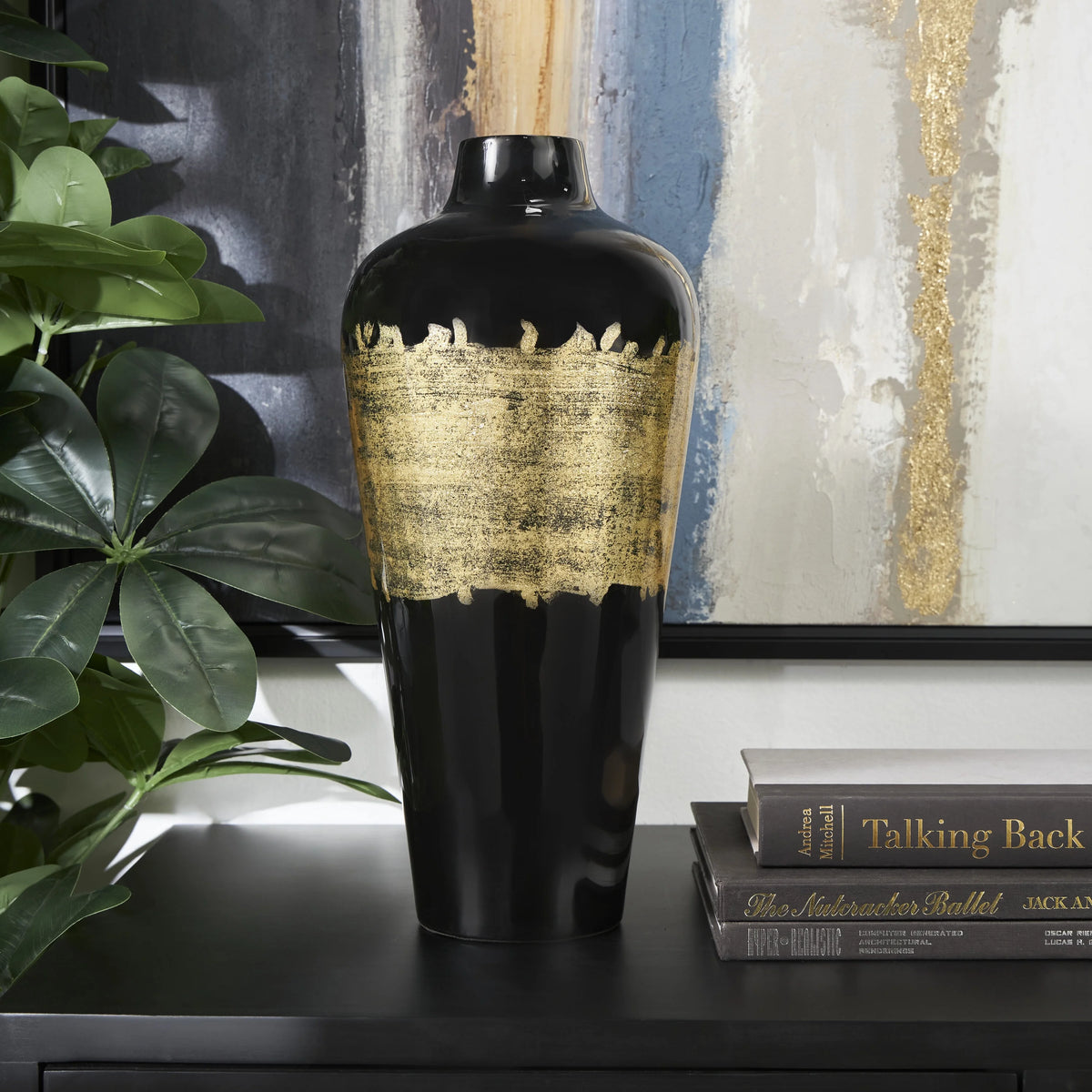 16" Abstract Black Metal Vase with Gold Detailing E87490