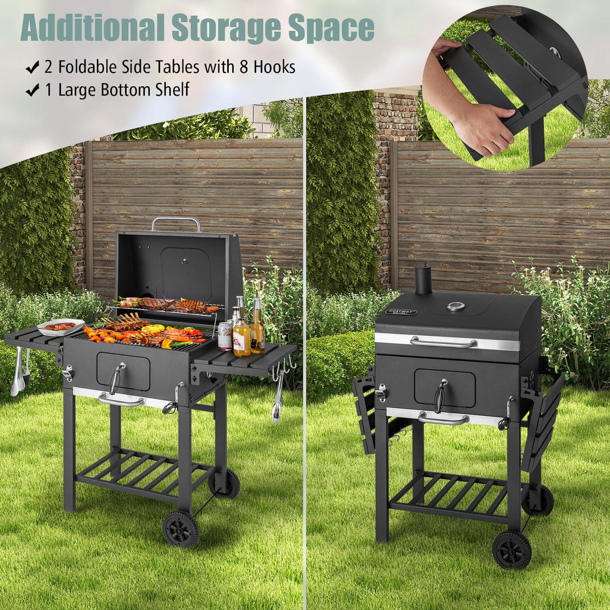 Outdoor Charcoal Grill with 2 Foldable Side Table T93905
