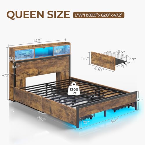 Queen Bed Frame with Storage, 4 Drawer, USB Charging Station, LED Lights, Bookcase Headboard, Black I628466