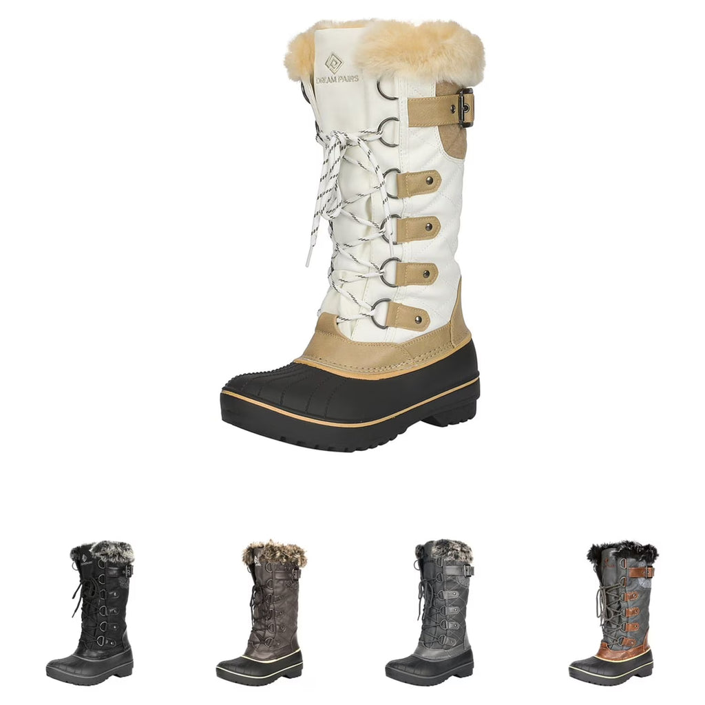 BEIGE/WHITE Waterproof Faux Fur Lined Mid Calf Snow Boots I3717
