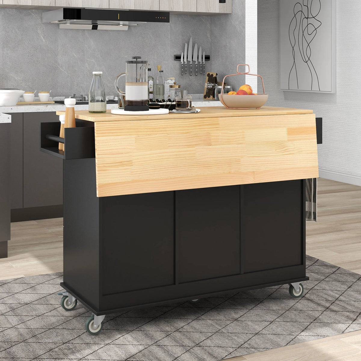 White Dining Island Cart with 2 Lockable Wheels and Drop-Leaf Tabletop X1260