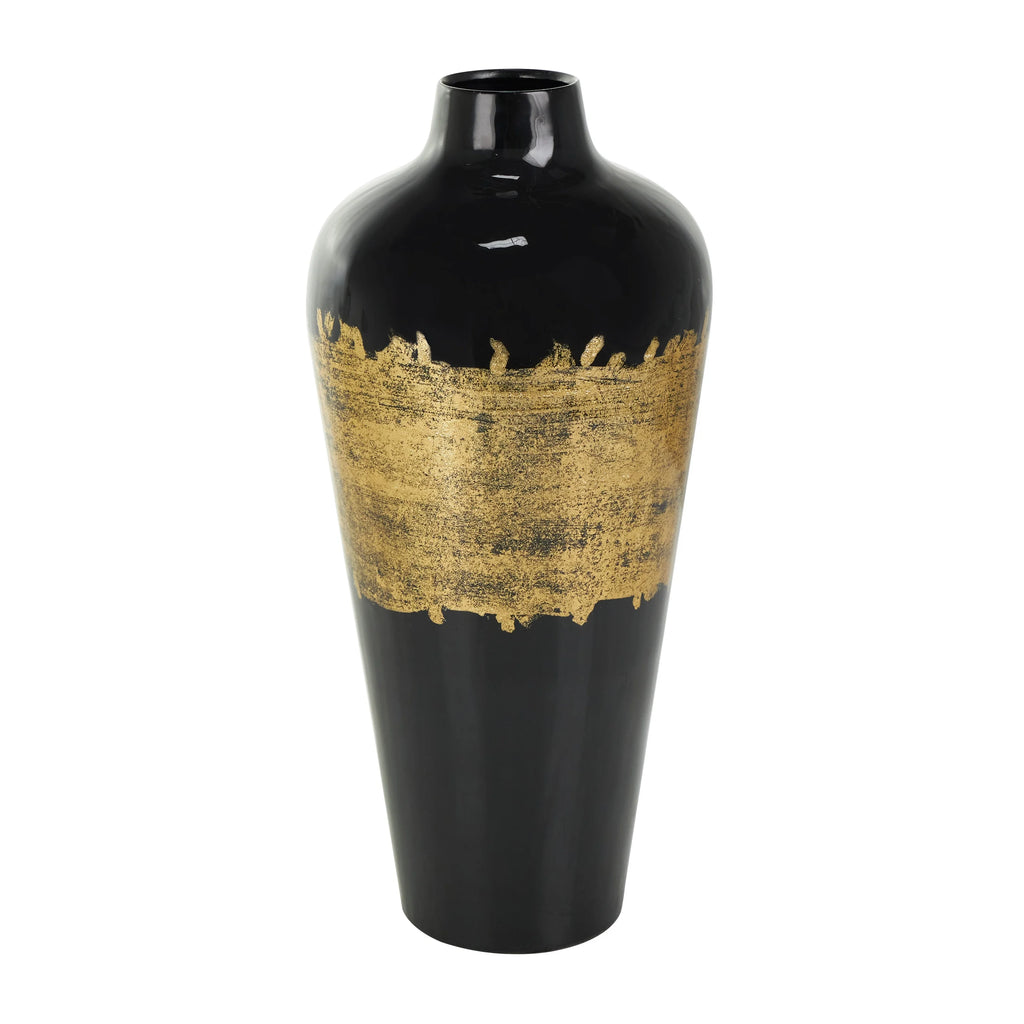 16" Abstract Black Metal Vase with Gold Detailing E87490