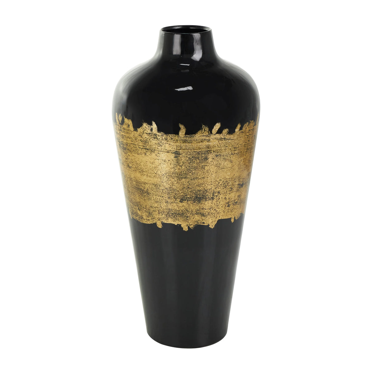 16" Abstract Black Metal Vase with Gold Detailing E87490