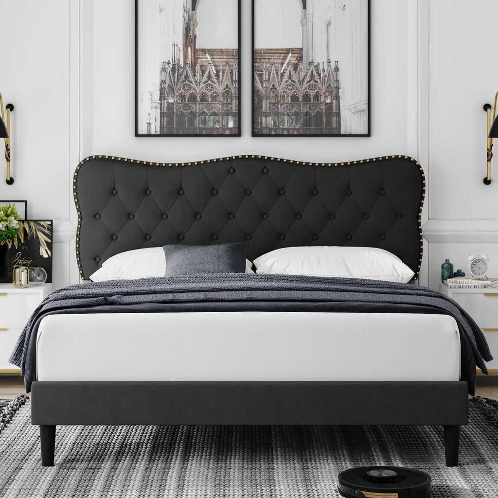 Queen Size Black Linen Upholstered Platform Bed with Tufted Headboard Y2457