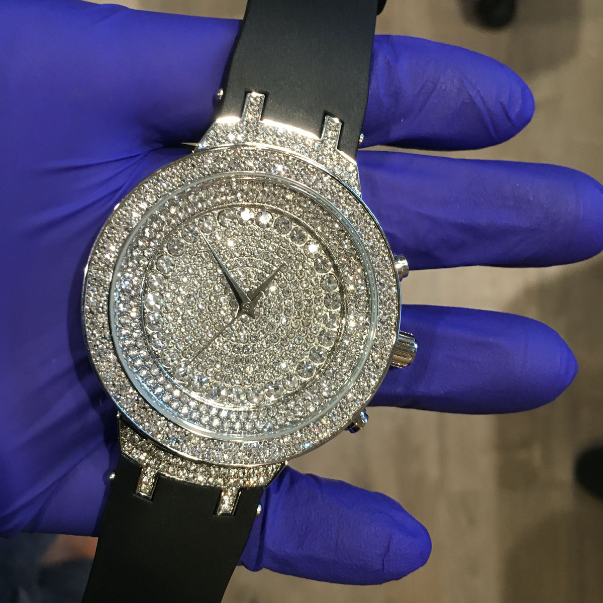 Silver Tone Hip Hop Watch with Black Band P14493